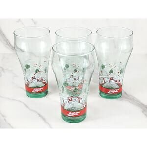 Libbey Coca Cola Christmas Green Glass 16oz Bell Shaped 6" Holiday 90s x4 Vtg